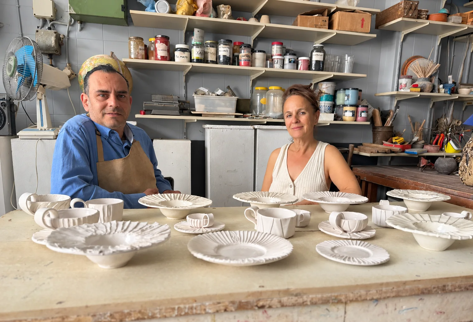 Ceramicist Christos Giannakopoulos and designer Katharina Kriener with the collection
